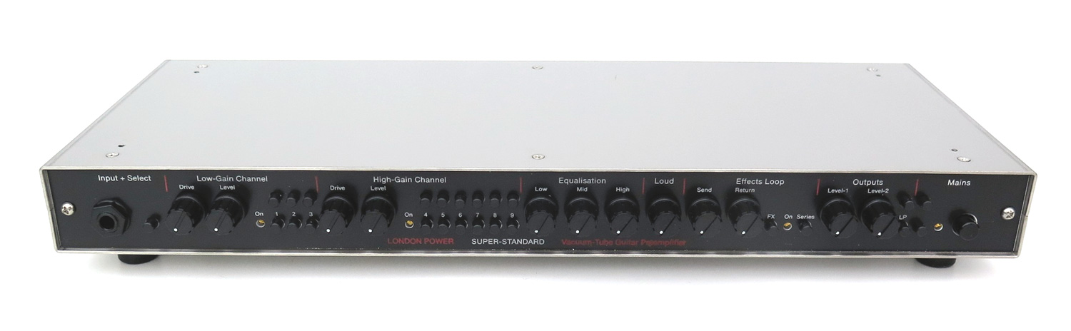 Front of a London Power Super Standard tube guitar preamplifier
